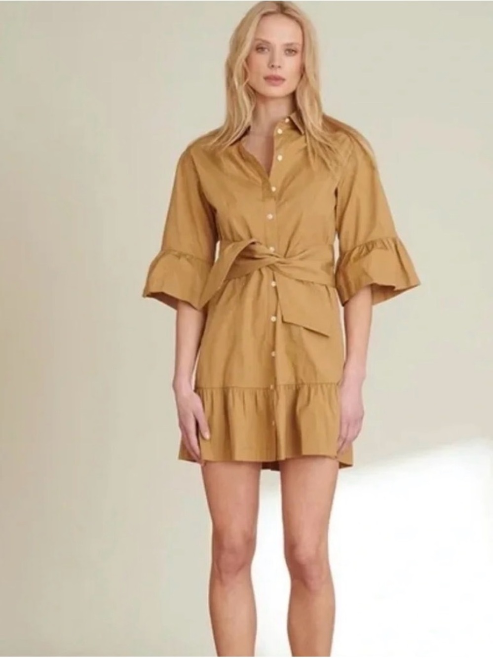Veronica Beard Luriane Poplin Tie Waist Khaki Flounce Sleeve Cotton Dress - Picture 4 of 10